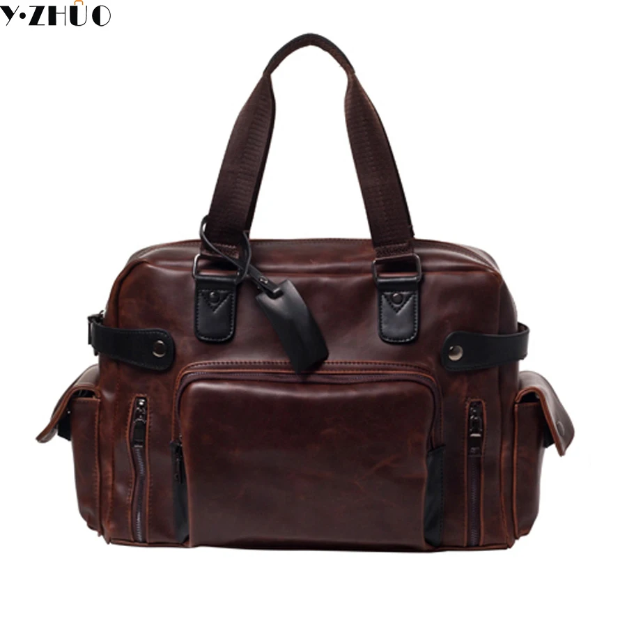 

crazy horse leather mans bag vintage men travel luggage bags bolsa solid brown casual male crossbody shoulder duffel bag