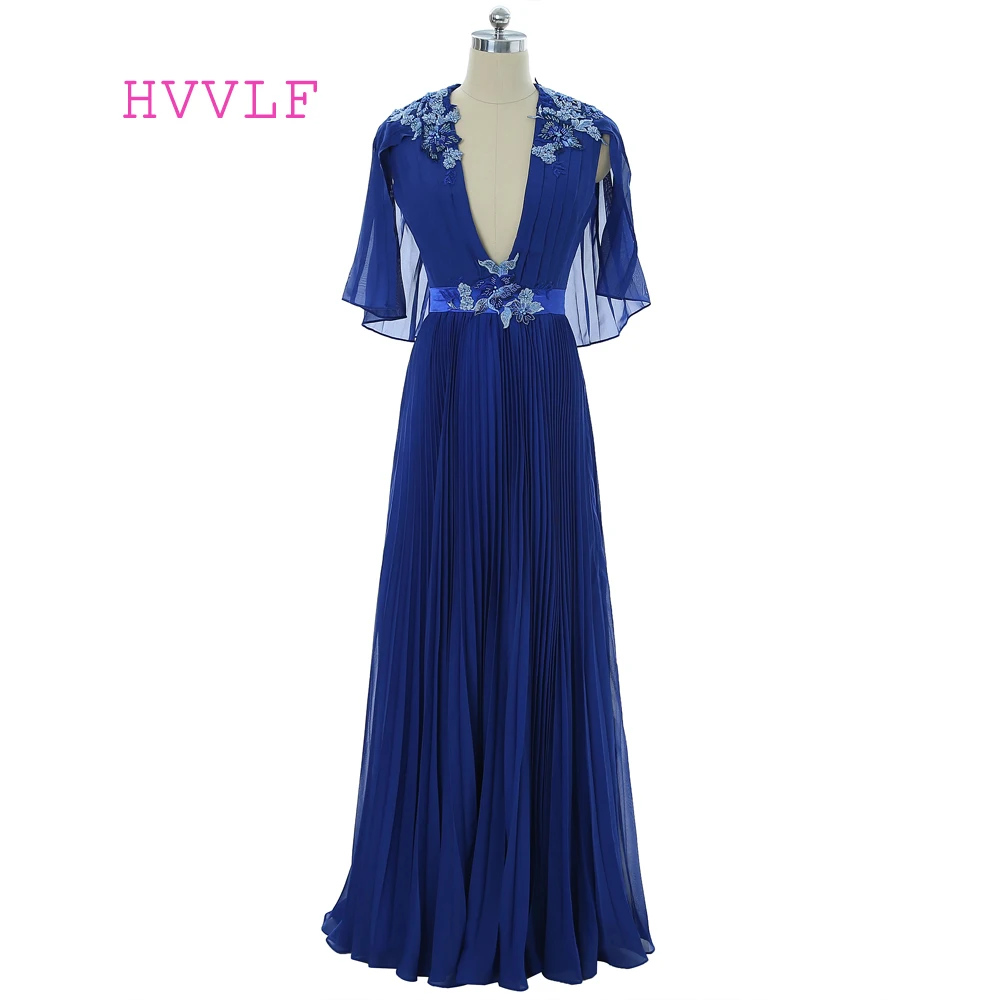 

Royal Blue Evening Dresses 2019 A-line Deep V-neck Chiffon Pearls Lace Robe De Soiree Women Long Evening Gown Prom Dress