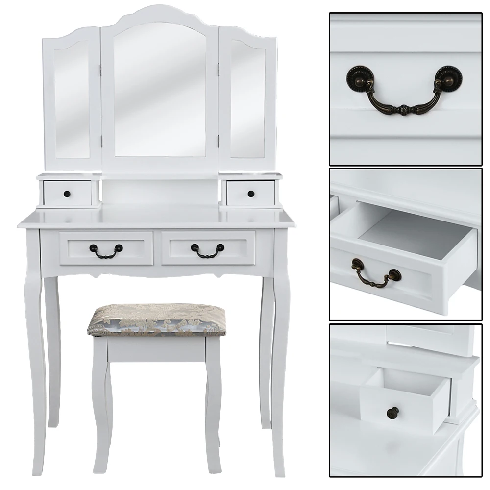 

3 Mirrors 4 Drawers Dressing Table Tocador Penteadeira Dresser Home Bedroom Furniture White makeup table with stool schminktisch