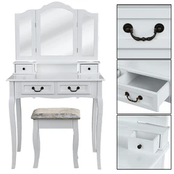3 Espejos 4 Cajones Tocador Tocador Penteadeira Aparador Hogar Dormitorio Muebles Mesa de Maquillaje Blanco con Taburete 3 Espejos 4 Cajones Tocador Tocador Penteadeira Aparador Hogar Dormitorio Muebles Mesa de Maquillaje Blanco con Taburete