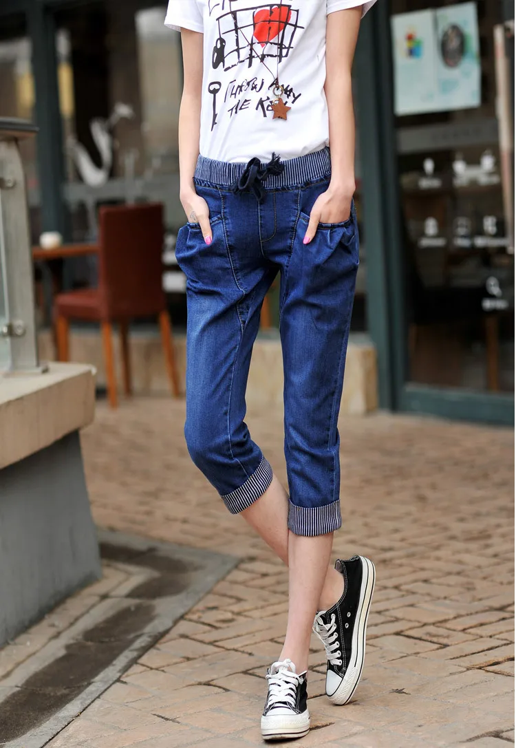 XL-4XL фабрики Лето Большие Джинсы девушку Drawstring эластичный тонкий семь очков штаны в Корейском стиле Харен ноги джинсы