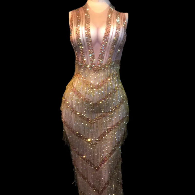 

Women Sexy Stage Wear Bling Long Dress Gold Tassel Sparkling Crystals Costumes Nightclub Wedding Party Stage Dance Costumes