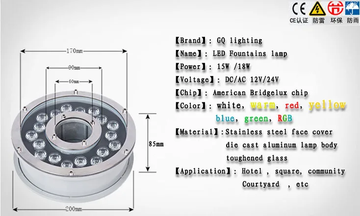 FEDEX DHL 15 Вт RGB бассейн светодиодный свет Прожектор Фонтан Белый/теплые Bridgelux 45mil из нержавеющей стали DC12V 24 В или AC85-265V