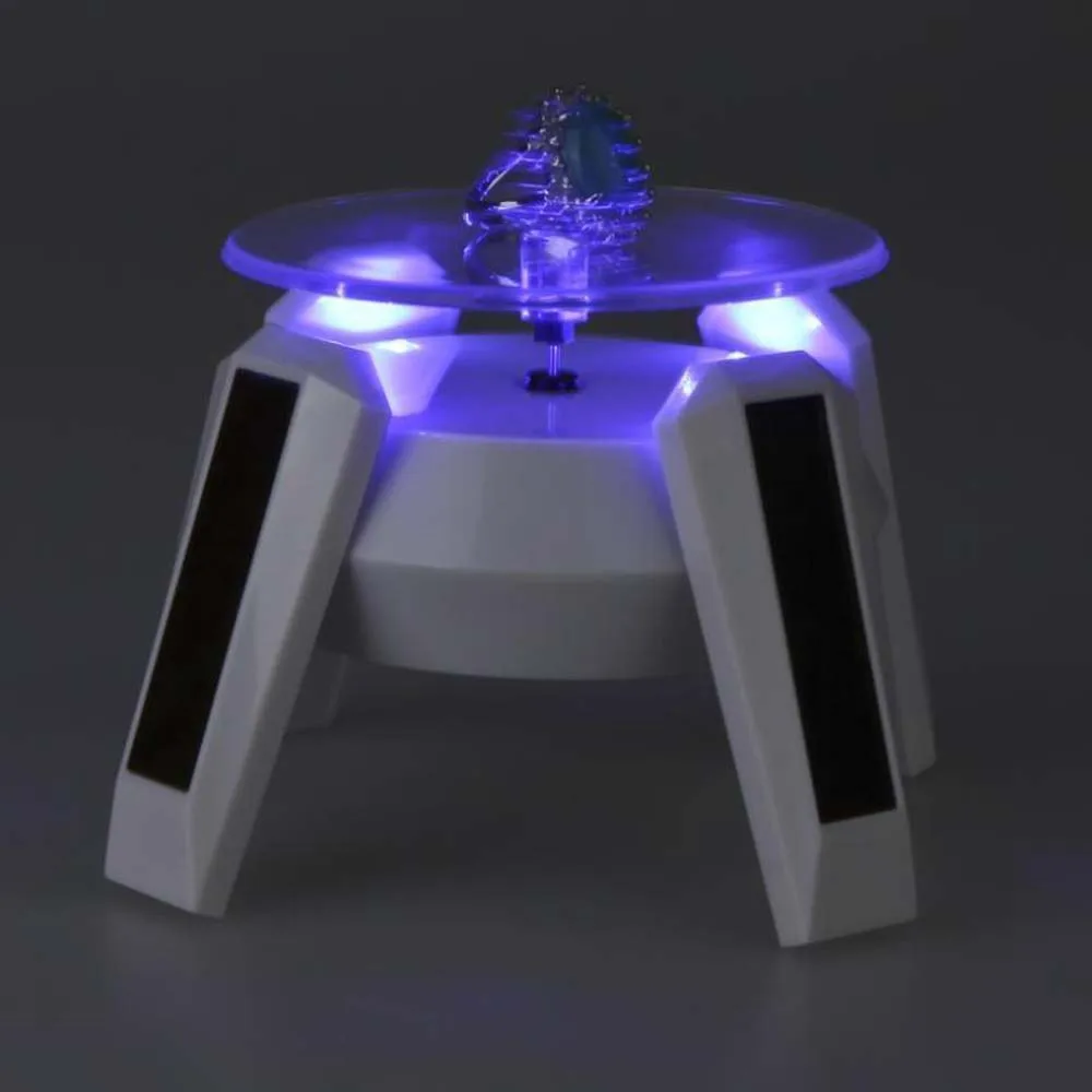 

White Solar Powered Jewelry Phone Rotating Display Stand Turn Table with LED Light Home Decorat
