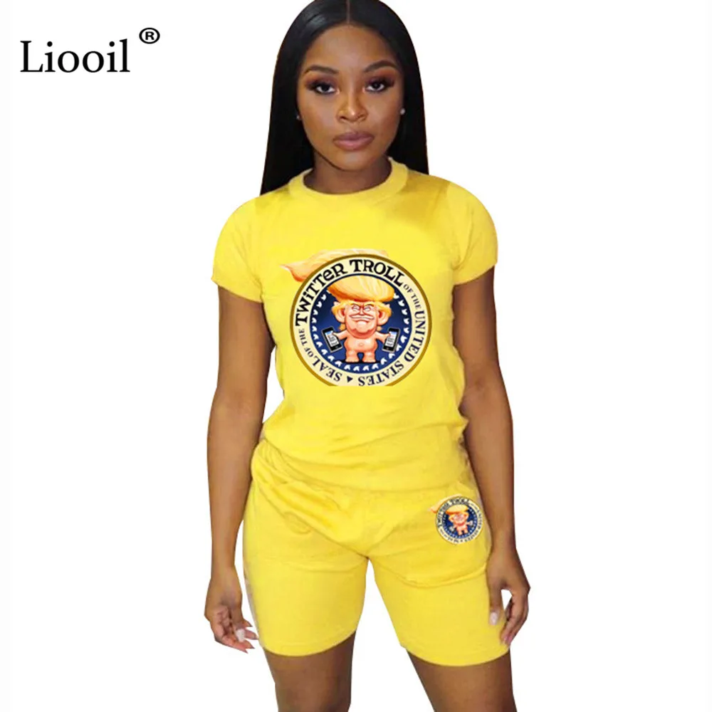 

Liooil Yellow Cute Two Piece Cartoon Set Women Tracksuits 2019 Activewear Sets Letter Print Shirt Top And Bodycon Biker Shorts