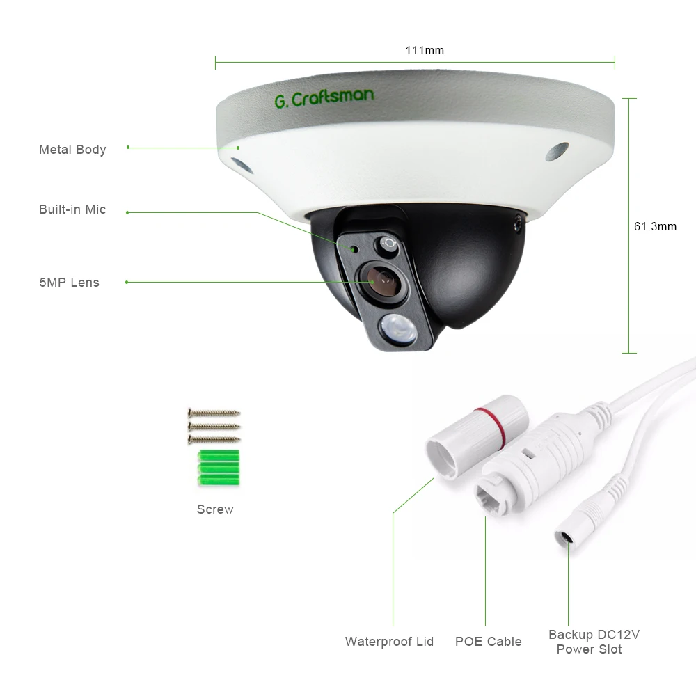  G.Craftsman Audio 5MP POE IP Camera Metal Dome Infrared Night Vision CCTV Video UHD Surveillance Se