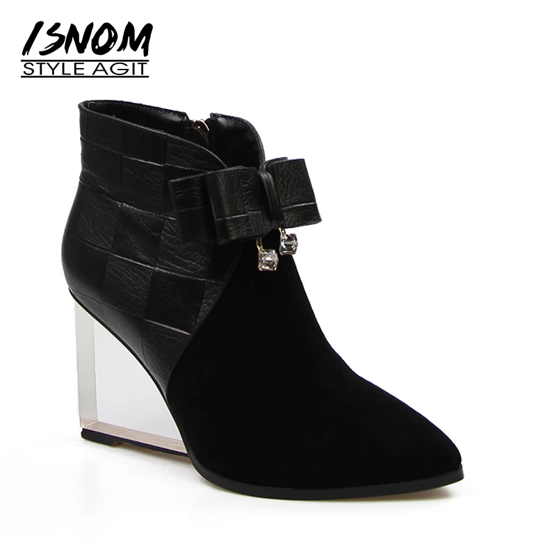 

2018 New Patchwork Genuine Leather Winter Boots Autumn Mature Butterfly-knot Ankle Boots Transparent Wedges Shoes Woman Zipper
