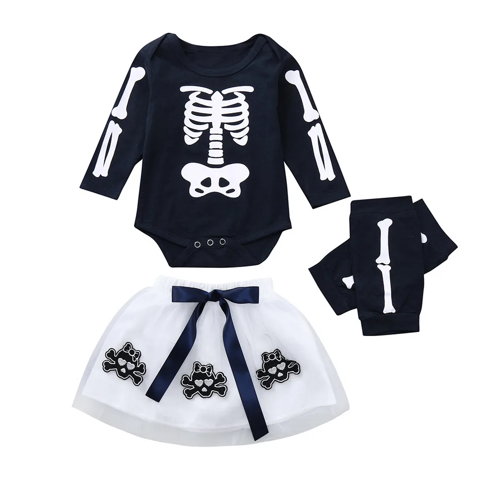 

Halloween Baby Cotton Clothing Set Toddler Baby Girls Romper Appliques Skull Skirt Leggings Halloween Outfits Set