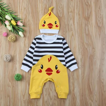

Cartoon Newborn Baby Boy Girl Striped Long Sleeve Hooded Romper Playsuit Clothes