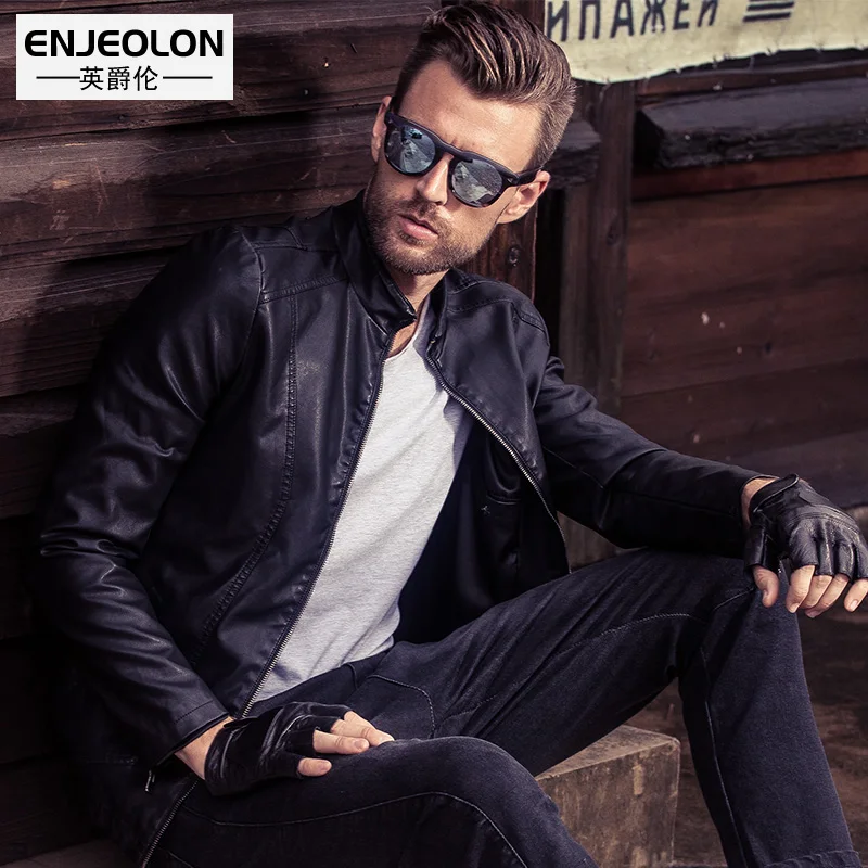 Мужская мотоциклетная куртка Enjeolon черная большого размера 3XL P202|male leather jacket|brand
