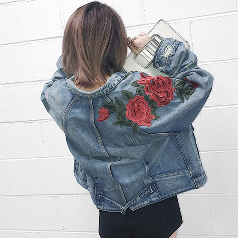 remarkable  Jeans Coat Women Rose Clothes Hip Hop Coat Fashion Flowers Jackets Us Size S-XL
