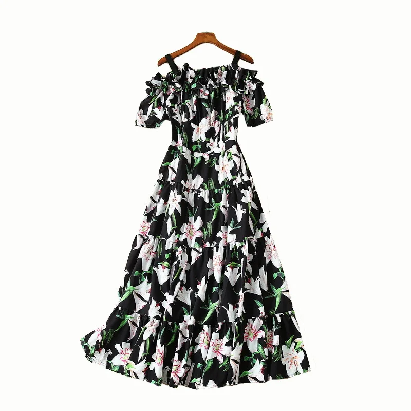 Лето, длинное платье с принтом лилии с открытыми плечами 190702LU02