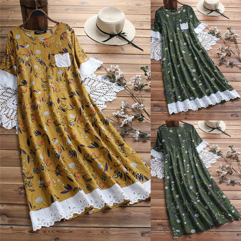 

Plus Size Women Linen Summer dress Short Sleeve lace Crochet maxi Long Dresses vestido Casual sundress summer beach dress