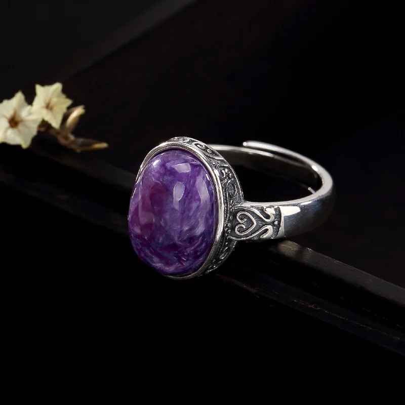 Новое Женское кольцо из чистого 925 пробы серебра с натуральным драгоценным камнем, элегантное регулируемое кольцо с чароитом, прекрасный подарок