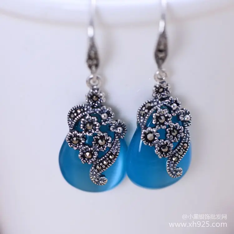 Zwart zilveren sieraden groothandel 925 sterling zilveren sieraden ingelegd Marcasiet Water Opaal Oorbellen xh023910-2w
