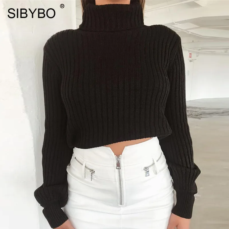 Sibybo الياقة المدورة محبوك القطن سترة المرأة الخريف طويلة الأكمام ضئيلة قصيرة النساء أعلى عارضة النساء البلوزات و البلوفرات