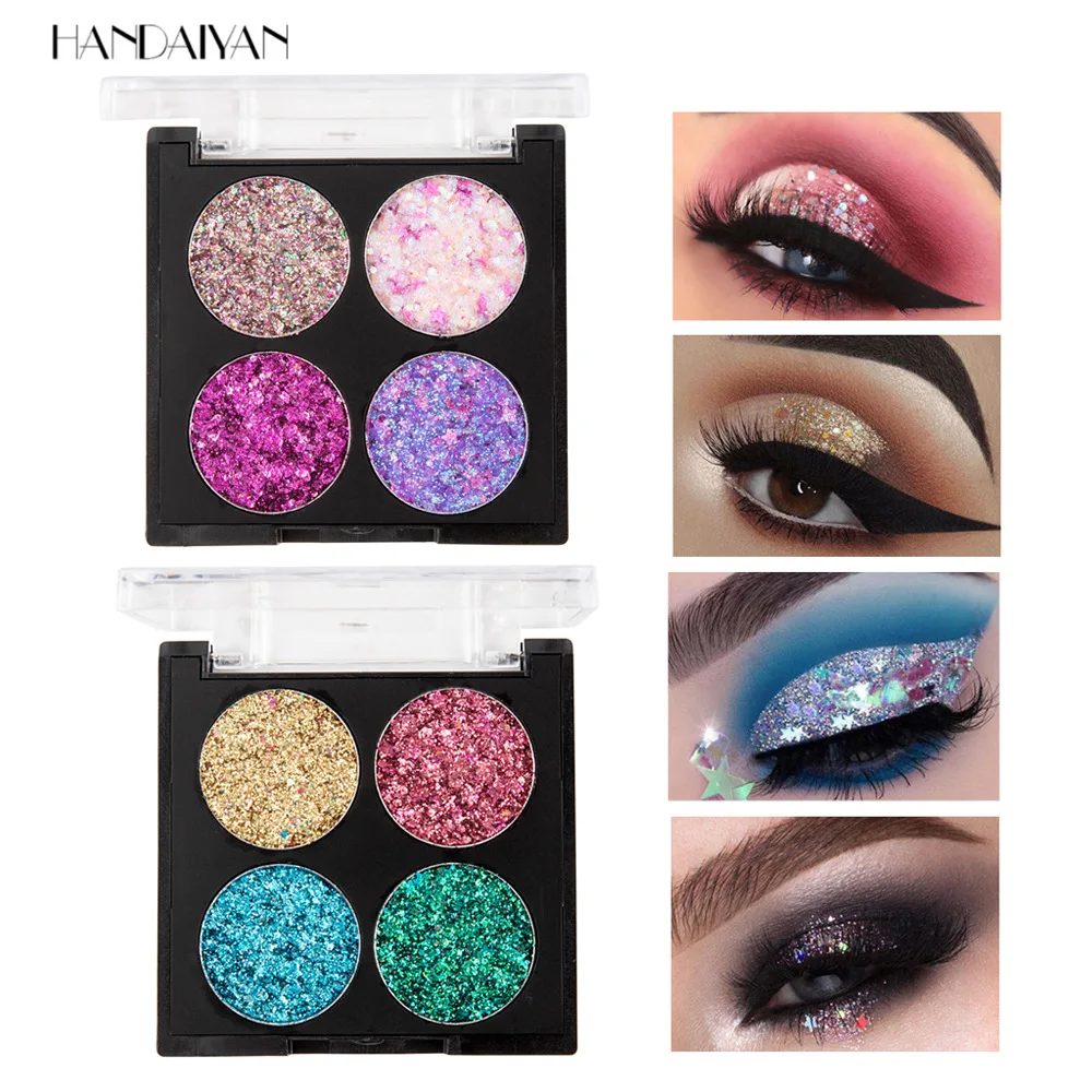 HANDAIYAN Eyeshadow Palette Cosmetic Makeup Diamond Glitter Metallic 4 Colors Pigmented Professional Mini Shade Kit TSLM1