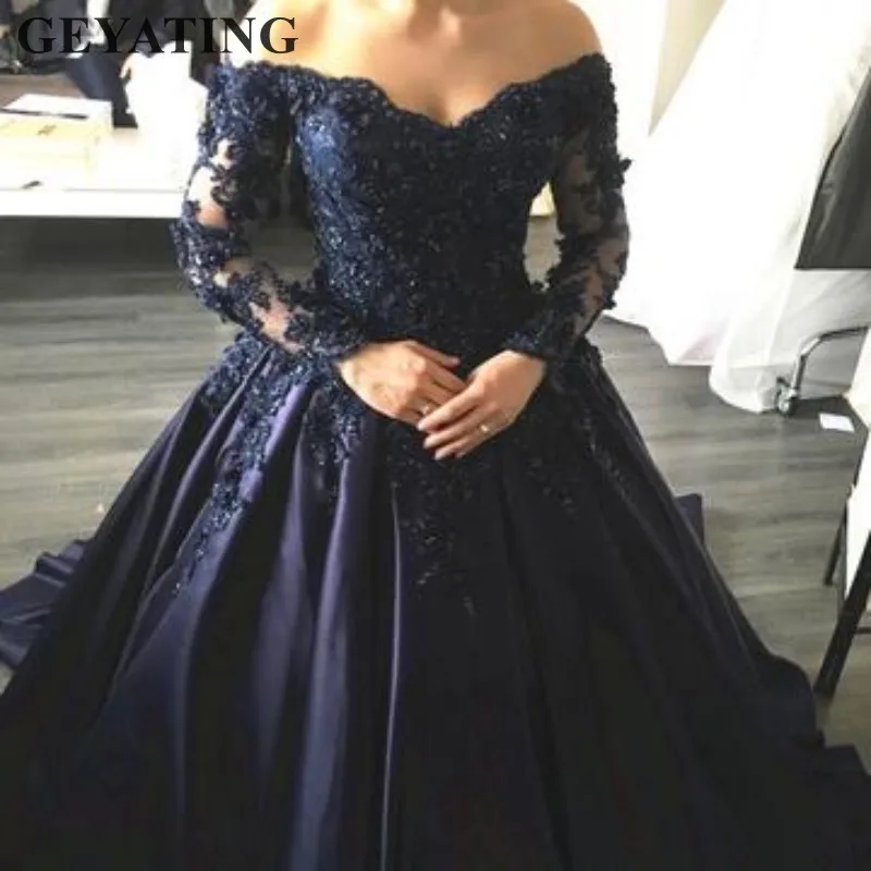 

Elegant Off the Shoulder Long Sleeves Navy Blue Muslim Evening Dress Ball Gown Dubai Kaftan Arabic Prom Formal Dresses Long 2019