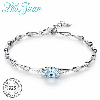 

L&zuan 1.42ct Natural Skyblue Topaz Blue Stone Bracelet & Bangles for Women 925 Sterling Silver Gemstone Chain Bracelet Gifts
