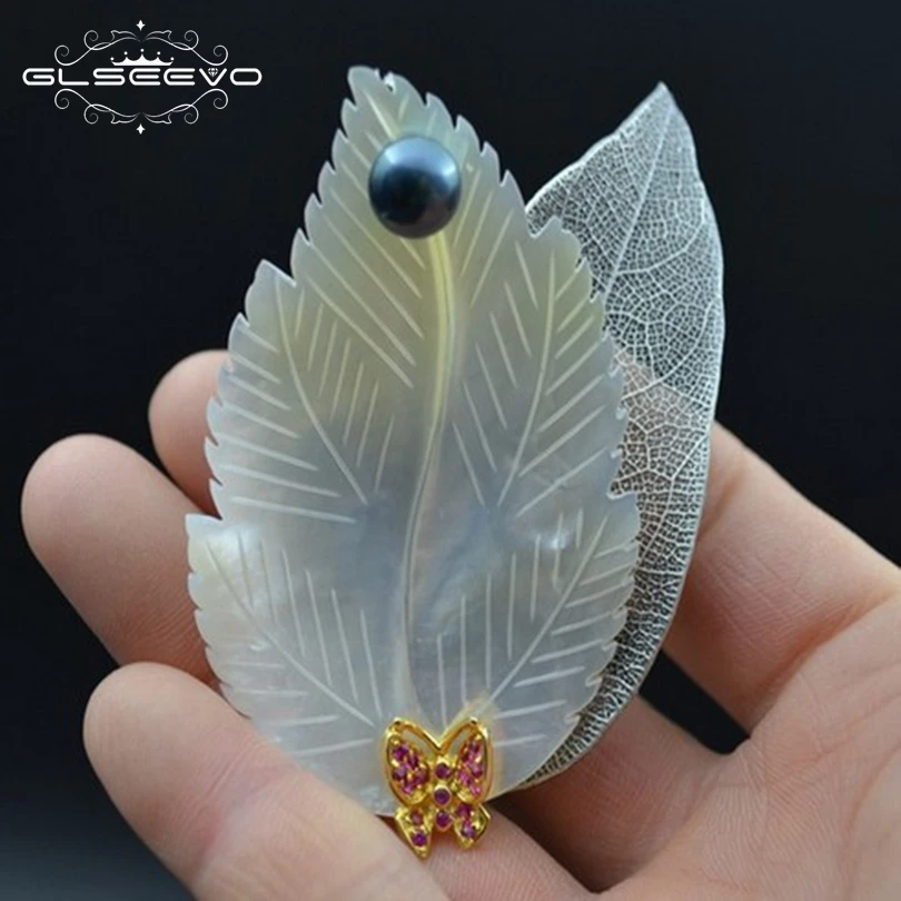 

GLSEEVO Luxury Natural Black Fresh Water Pearl Leaf Brooches For Women Party Gift Pendant Dual Use Fine Jewelry GO0042