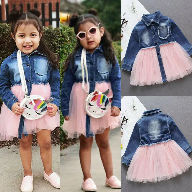 

Cute Newborn Toddler Baby Kids Girls Short/Long Sleeve Denim Skirt Party Dress Clothes