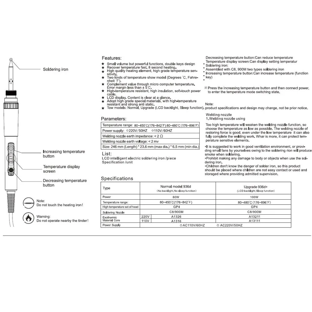 CXG 936d+ Электрический паяльник с цифровым ЖК-дисплеем с регулируемой температурой 110 В/220 В 100 Вт Керамический нагреватель 900 м наконечник