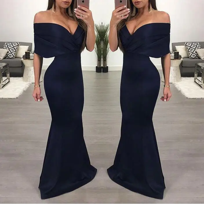 

Sexy Women Off Shoulder Deep V-neck Party Evening Long Dresses Short Sleeve Solid Slim Bodycon Bandage Mermaid Maxi Dress