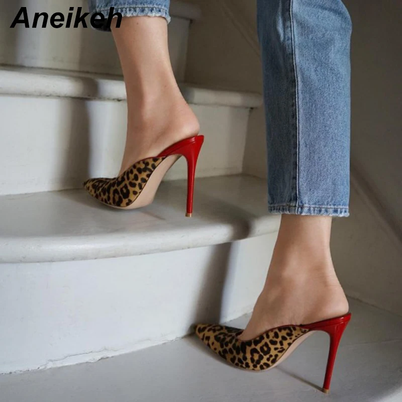 

Aneikeh 2019 New Fashion Summer Flock Leopard Grain Slippers Woman Pointed Toe Thin High Heels Lady Shoes Party Shallow Size 4-9