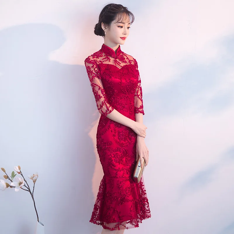 Красное китайское свадебное платье женское длинное Чонсам с коротким рукавом тонкое китайское традиционное платье женское Qipao для свадебной вечеринки