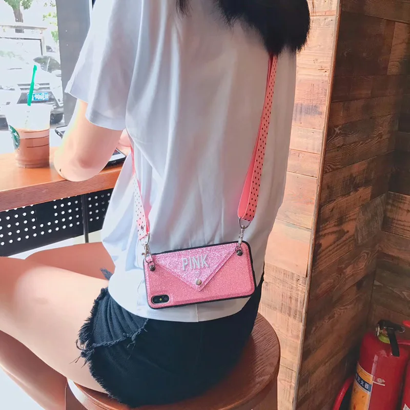 

Luxury Glitter PINK Embroidery Case For iPhone 8 7 6 6s X Xs Max Xr Fashion Wave point Lanyard Cover For Samsung S10 Plus Coque