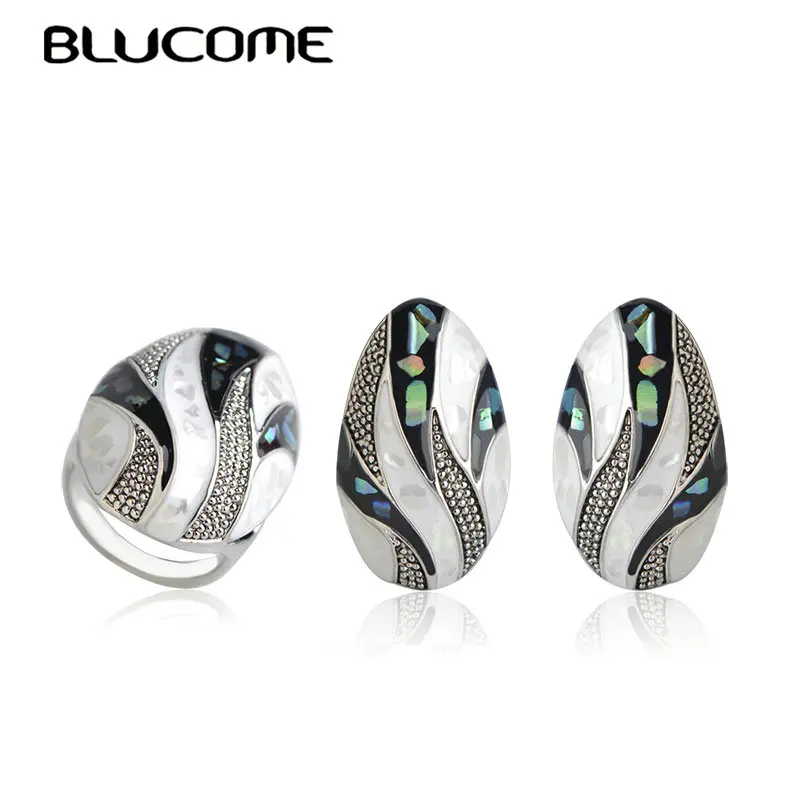 

Blucome 2018 Trendy Bijoux Oval Shell Jewelry Sets For Women Party Accessories French Hooks Stud Earrings Ring Set Wide Rings