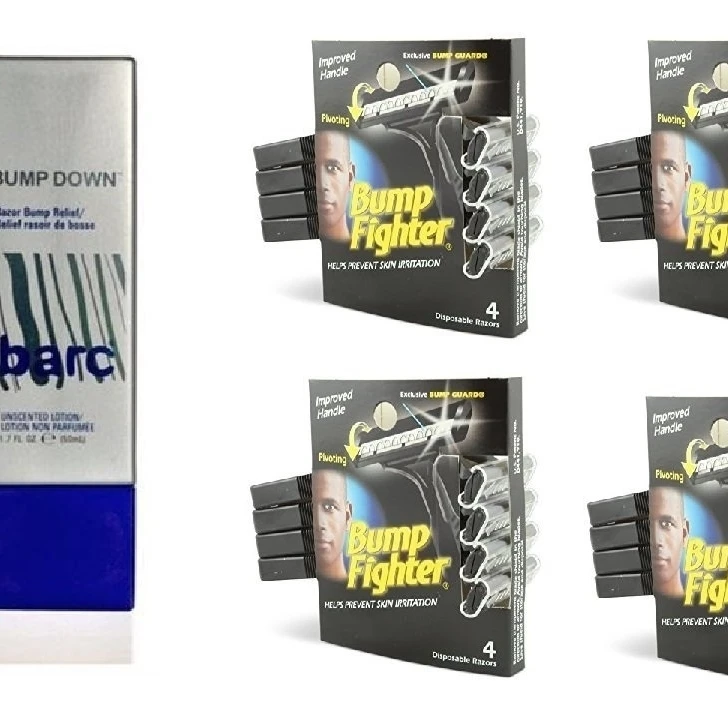 Barc Bump Down Razor Bump Relief, Alcohol-Free, Unscented Lotion, 1.7 Oz + Bump Fighter for Men Disposable Razors 4 Ct (Pack of 4)