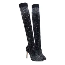Г. Модные тканевые носки со стразами для прогулок Женские Сапоги выше колена с острым носком
