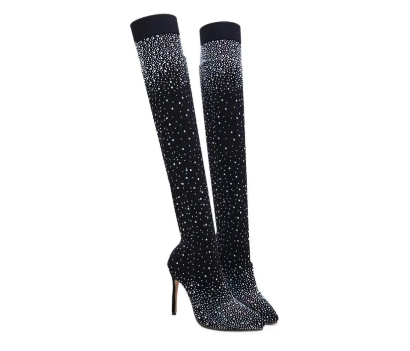 

2019 Fashion Walking Runway Crystal Stretch Fabric Sock Boots Pointy Toe Over-the-Knee Heel Thigh High Pointed Toe Woman Boot