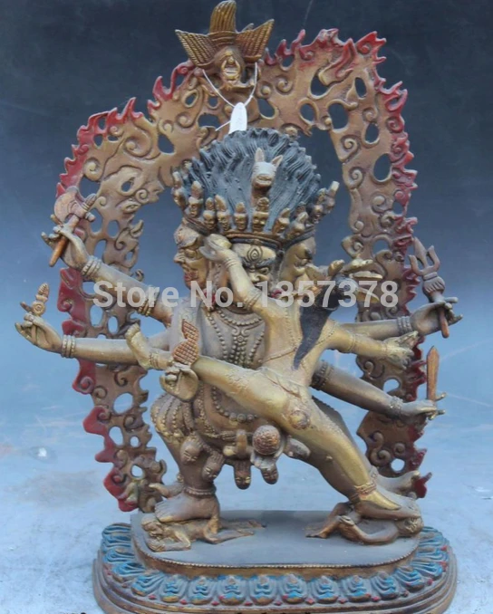 

shitou 001082 Tibet Bronze Gilt Painting 3 Head 4 Arms Mahakala Buddha Protection Deity Statue