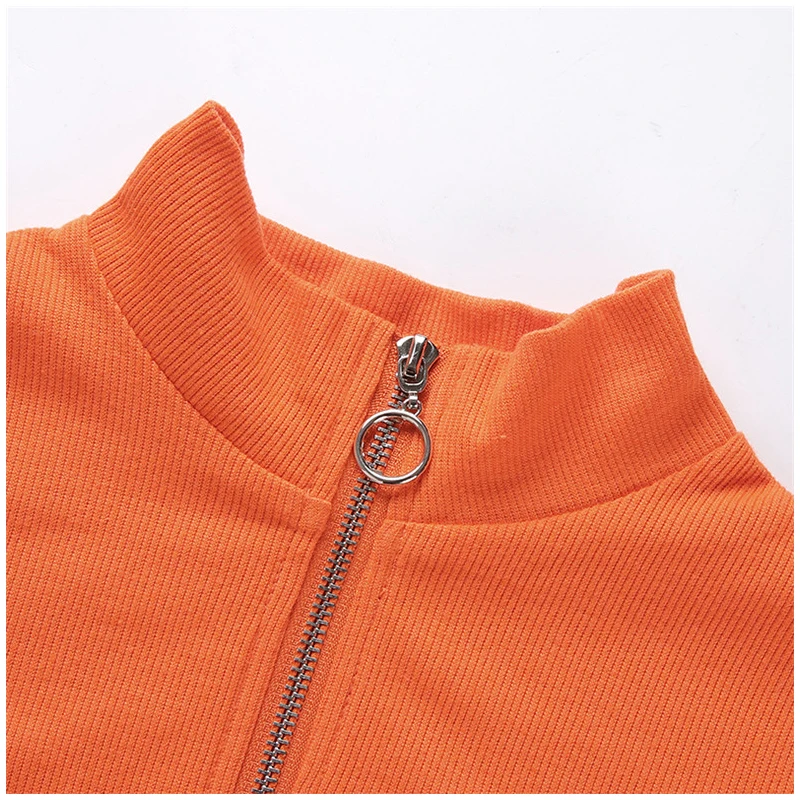 Rapwriter модная оранжевая трикотажная футболка с высоким воротом на молнии спереди для женщин, осень, Стрейчевые укороченные топы с длинным рукавом для женщин