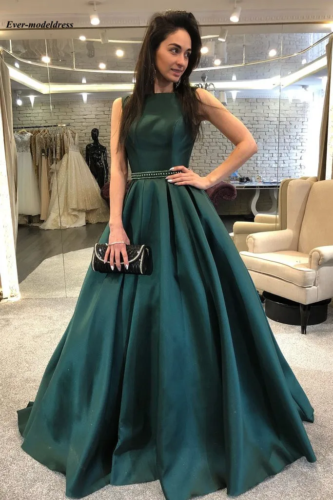

Dark Green Long Evening Dresses 2019 Beaded Belt Floor Length Open Back Satin Simple Formal Prom Party Gowns Robe de soiree