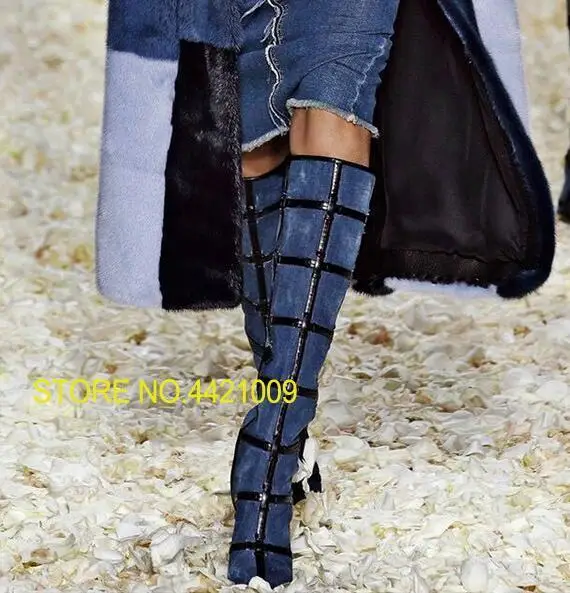 

2018 fashion Rough high heels knee high boots black leather chains decoration blue denim boots for woman winter long boots