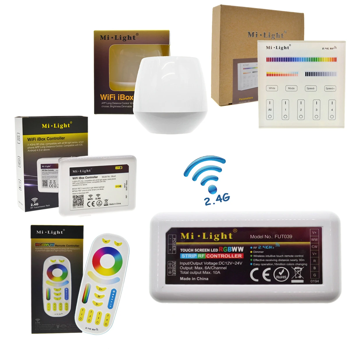 

Mi Light Full Color LED Controller RF 2.4G / Wifi Remote Control DC12-24V for RGB+CW+WW LED Strip