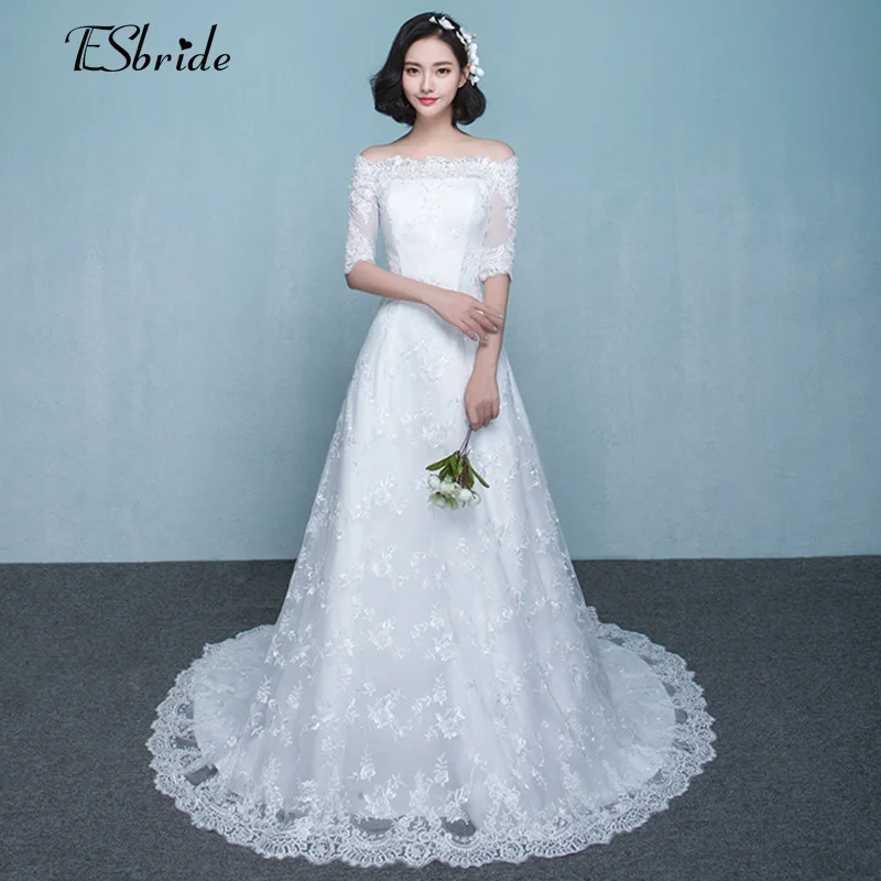 Половина рукава Пляж Свадебные Платья 2017 Vestido Noiva Casamento Praia Простой Белый Тюль