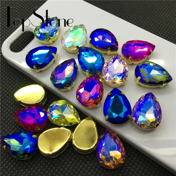 

Teardrop Glass Sewing Stone All Sizes Colors AB 10x14mm~20x30mm Droplet Pointback Crystal Fancy Stone With Gold Claw Setting