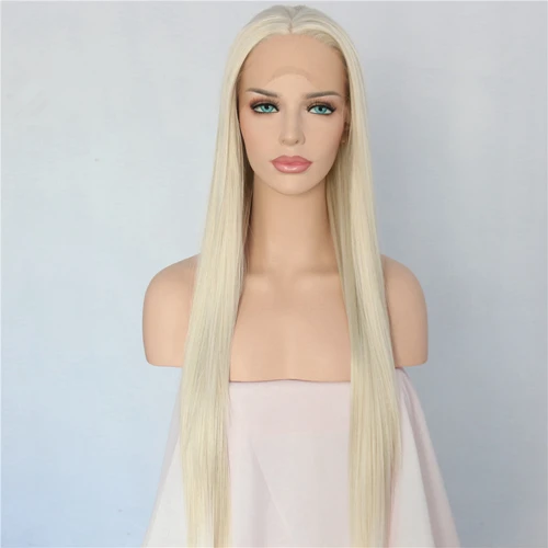 Lvcheryl длинные натуральные прямые черные парики на кружеве, завязанные вручную, бесклеевые термостойкие синтетические волосы, парики для женщин - Цвет: Платиновая блондинка