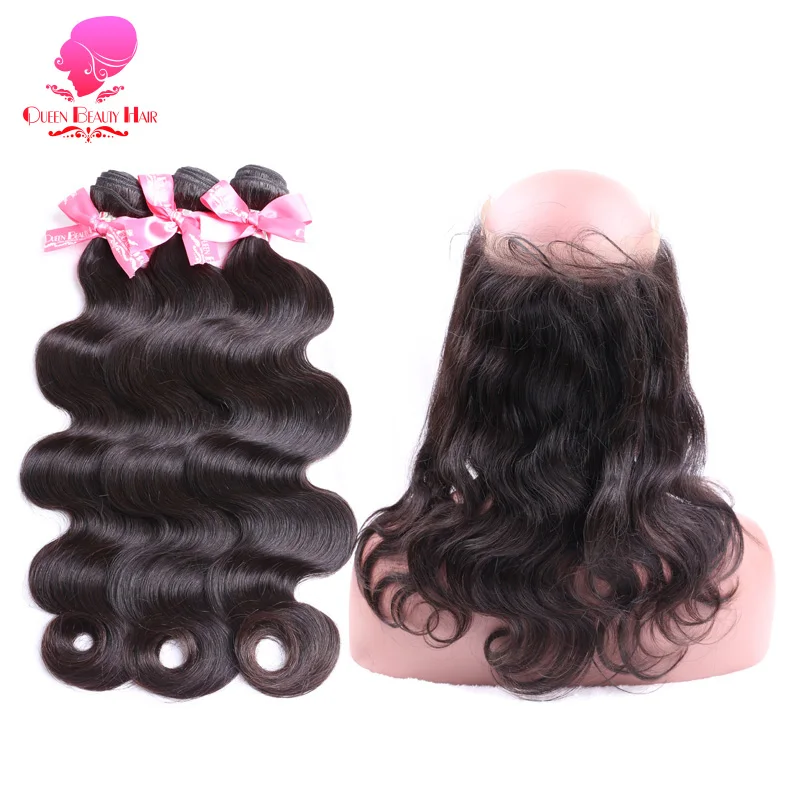 

QUEEN BEAUTY Brazilian Remy Human Hair Body Wave Bundles with Frontal Pre Plucked Natural Hairline 360 Lace Frontal with Bundle