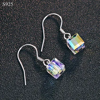 

100% Genuine Real Pure Solid 925 Sterling Silver Long Dangle Drop Earrings Women Square Austrian Crystal Female Earrings Gift