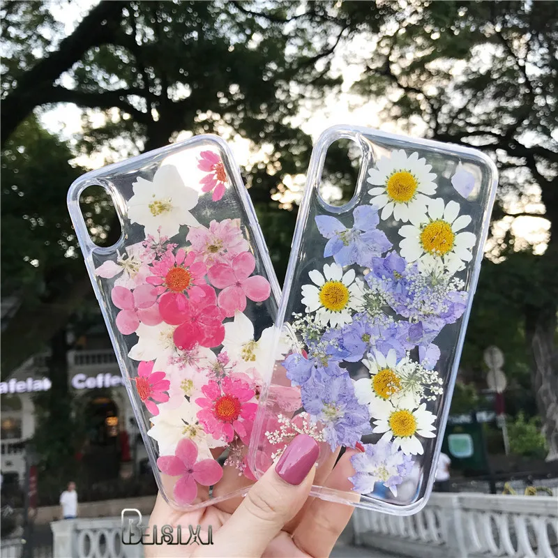 

10pcs Real Dry Flower For iPhone X XR XS Max 8 8 Plus 7 7 Plus 6 6S 6S Plus Case Back Shell Bumper Ins Fashion Coque With Film