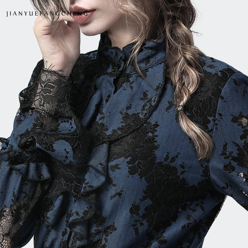 Ladies Blouses Lace Ruffles Tops Stand Collar