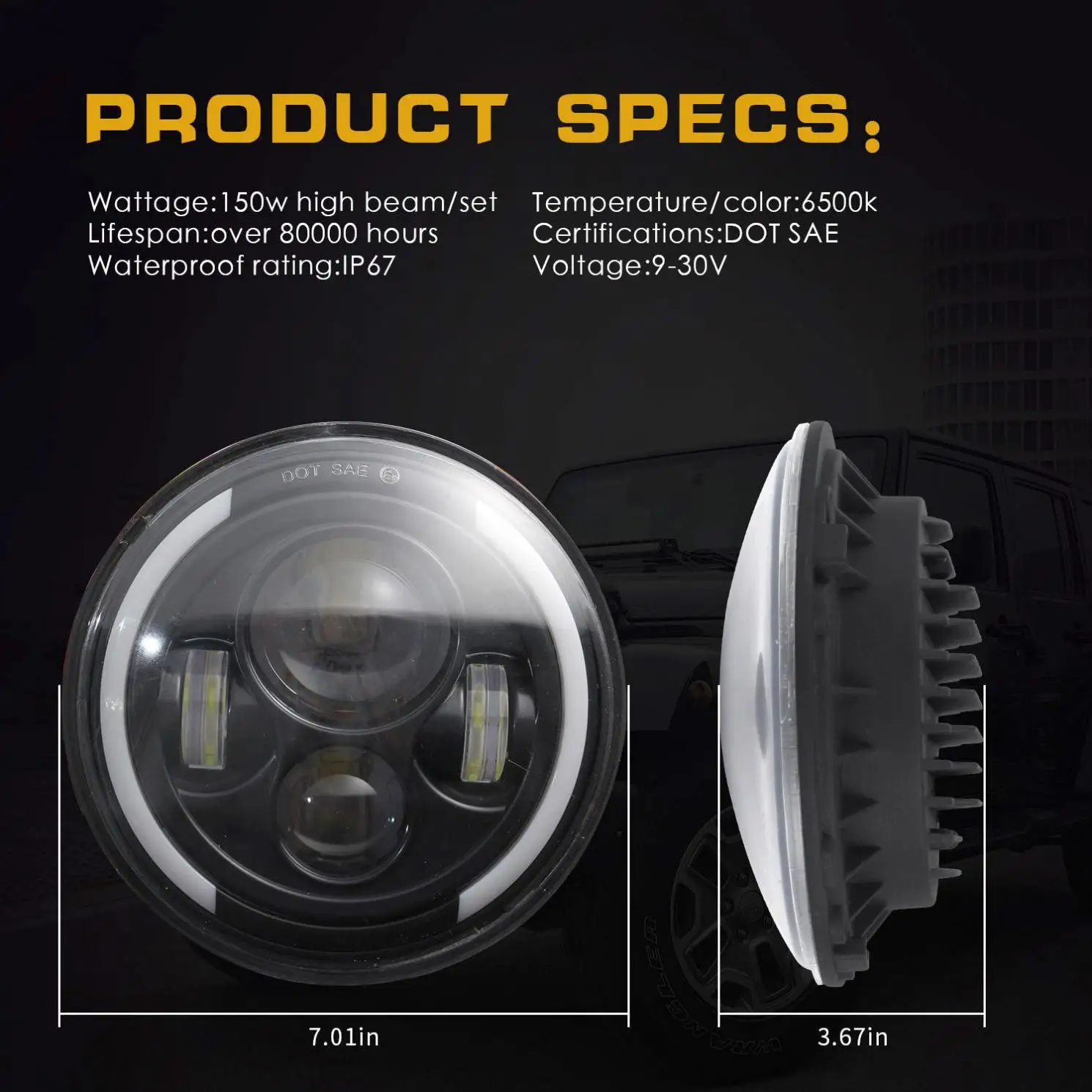 7 Inch 150W Round Waterproof Black LED Car Headlight High Low Beam White DRL Lamp Amber Turn Signal Light for Jeep Wrangler