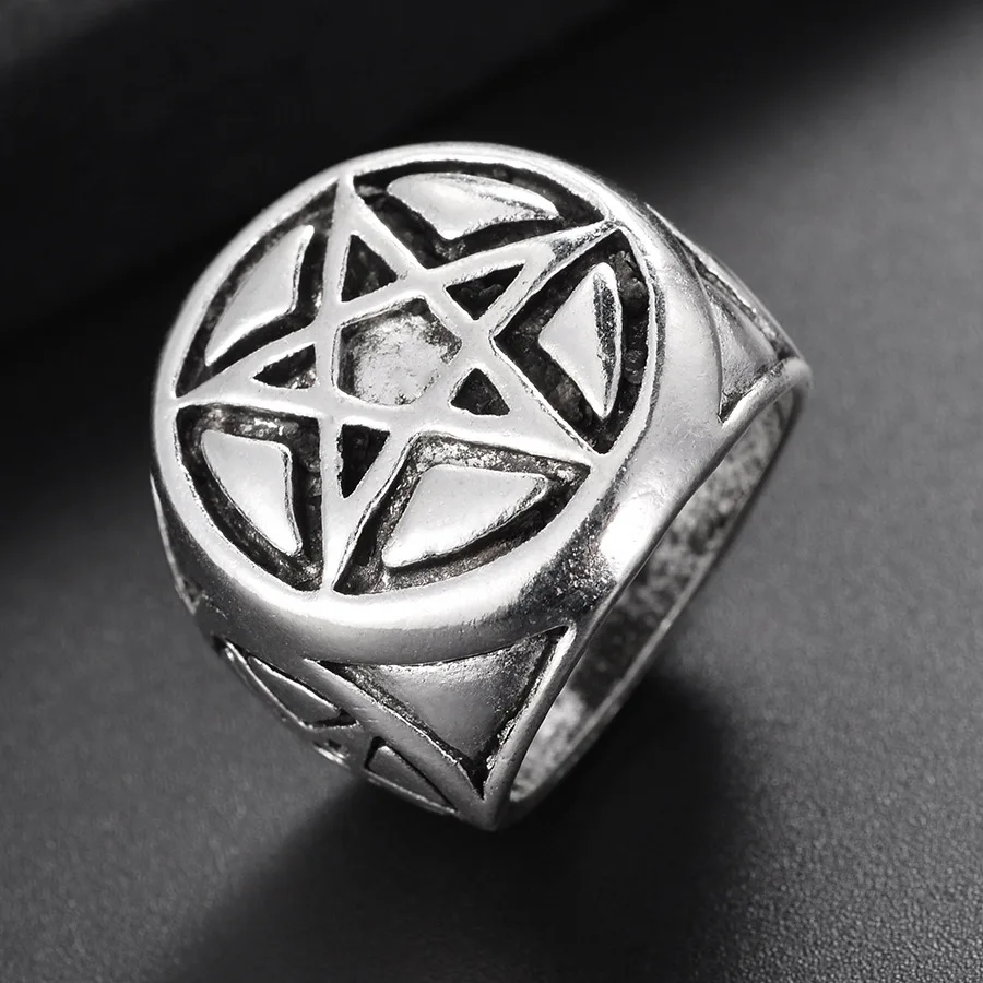 

Stars Mens Retro Personality Pentagram Satanism Five-Pointed Star Silver Tone Stainless Steel Signet Ring drop shipping