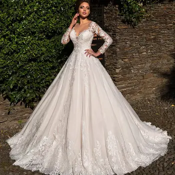 

Custom Made Long Sleeve Lace Appliques Wedding Dress Elegant Pleat Chapel Train V-Neck Bridal Ball Gown
