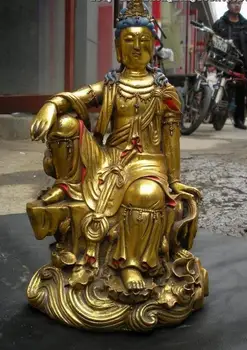 

12"Tibet Buddhism Temple Bronze Gild Freedom Kwan-Yin Bodhisattva Buddha Statue